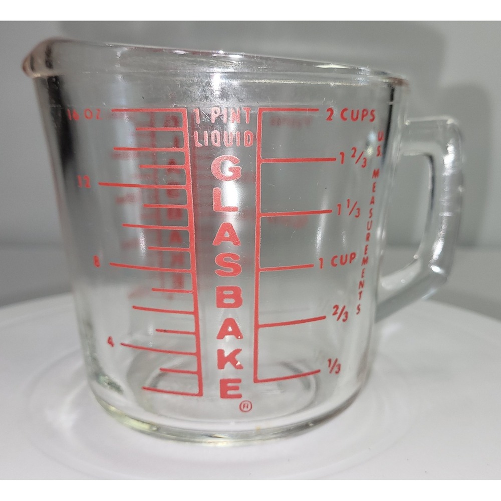 GLASBAKE Red Lettering 2 Cup Glass Measuring Cup D Handle Vintage MCM